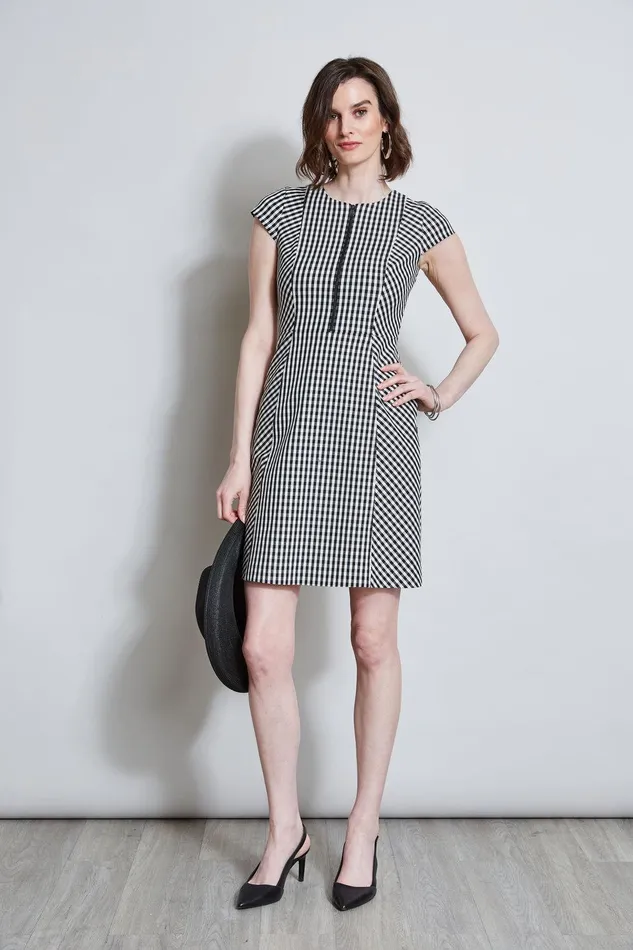 Elie Tahari Gingham Fit and Flare Dress Blackwhite Women Dresses and Jumpsuits