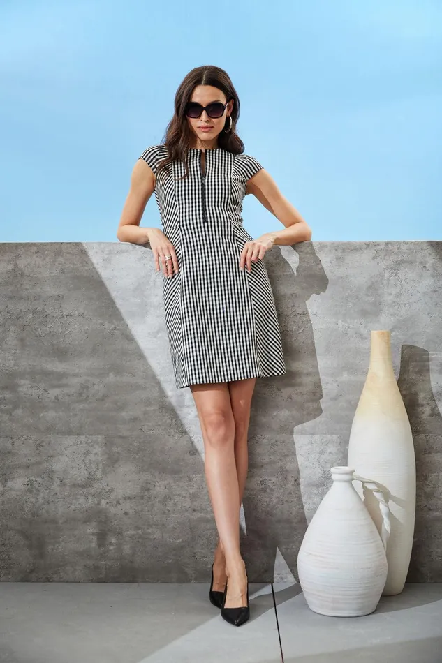 Elie Tahari Gingham Fit and Flare Dress Blackwhite Women Dresses and Jumpsuits