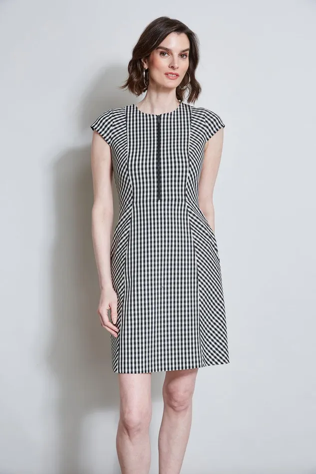 Elie Tahari Gingham Fit and Flare Dress Blackwhite Women Dresses and Jumpsuits