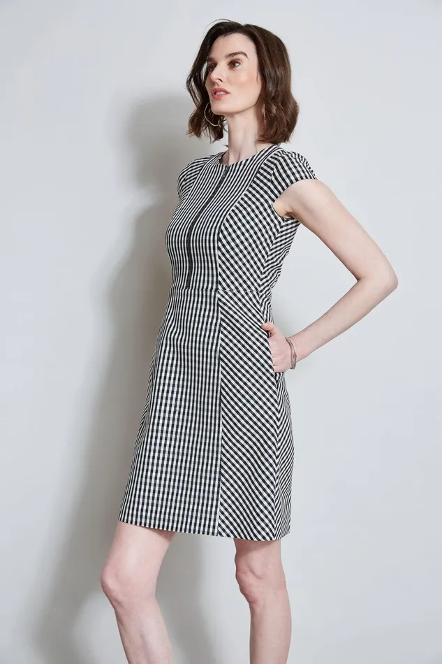 Elie Tahari Gingham Fit and Flare Dress Blackwhite Women Dresses and Jumpsuits