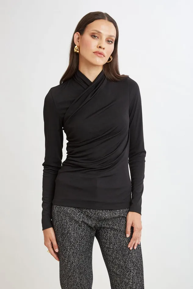 Elie Tahari Long Sleeve Ruched Draped Knit Black Women Tops