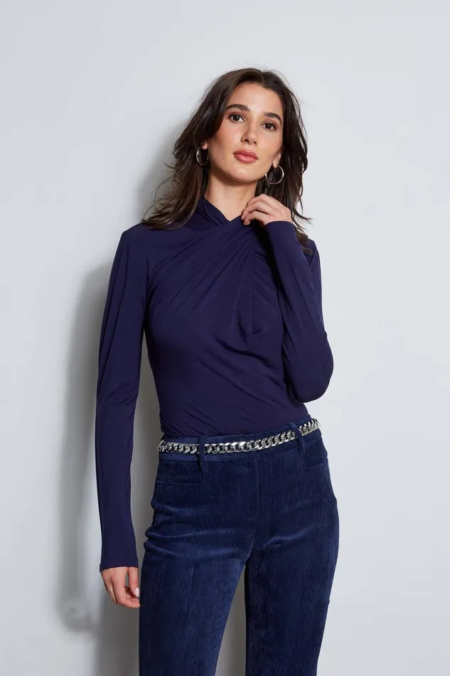 Elie Tahari Long Sleeve Twist Neck Knit Galaxy Navy Women Tops