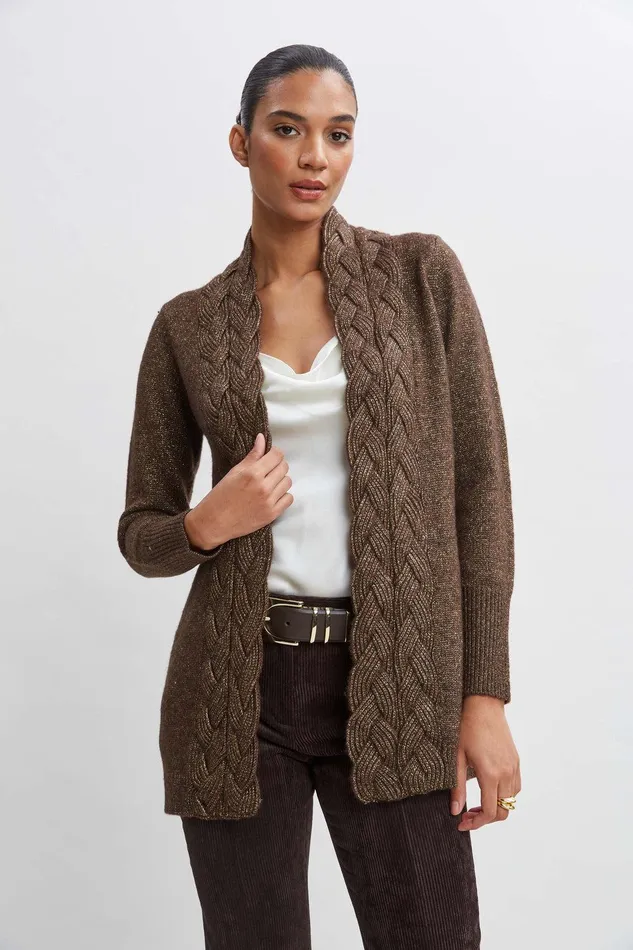 Elie Tahari Metallic Cable Cardigan Woodgold Women Tops