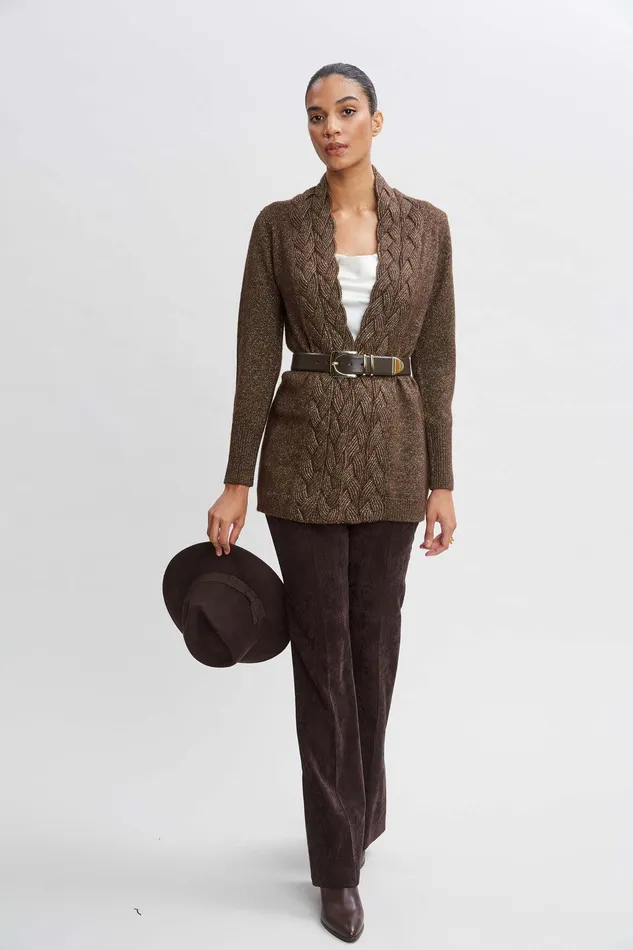 Elie Tahari Metallic Cable Cardigan Woodgold Women Tops