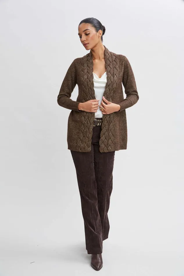 Elie Tahari Metallic Cable Cardigan Woodgold Women Tops