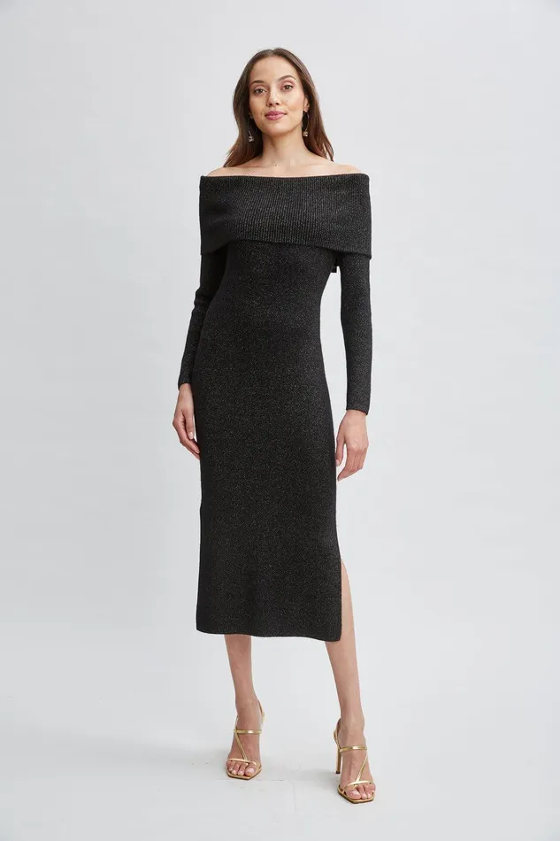 Elie Tahari Metallic Cashmere Off Shoulder Dress Noir Lurex Women Dresses and Jumpsuits Elie Tahari Metallic Cashmere Off Shoulder Dress Noir Lurex Women Dresses and Jumpsuits