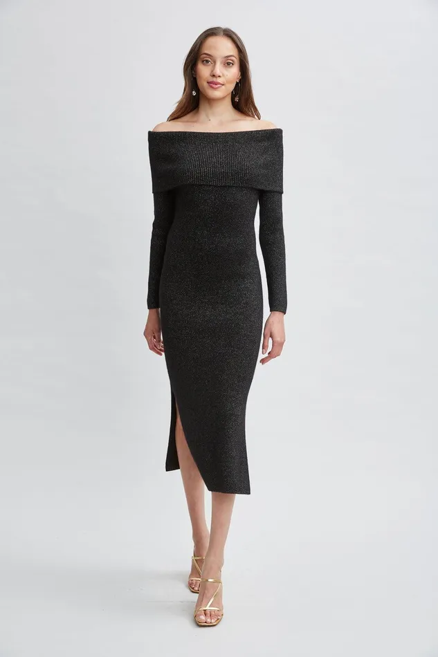 Elie Tahari Metallic Cashmere Off Shoulder Dress Noir Lurex Women Dresses and Jumpsuits