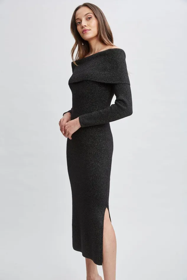 Elie Tahari Metallic Cashmere Off Shoulder Dress Noir Lurex Women Dresses and Jumpsuits