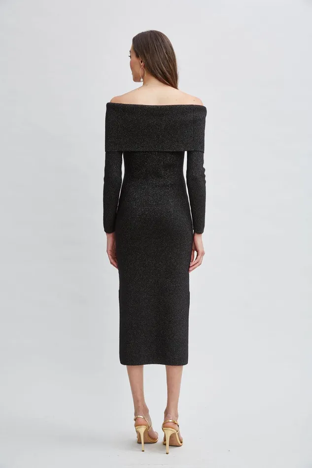 Elie Tahari Metallic Cashmere Off Shoulder Dress Noir Lurex Women Dresses and Jumpsuits
