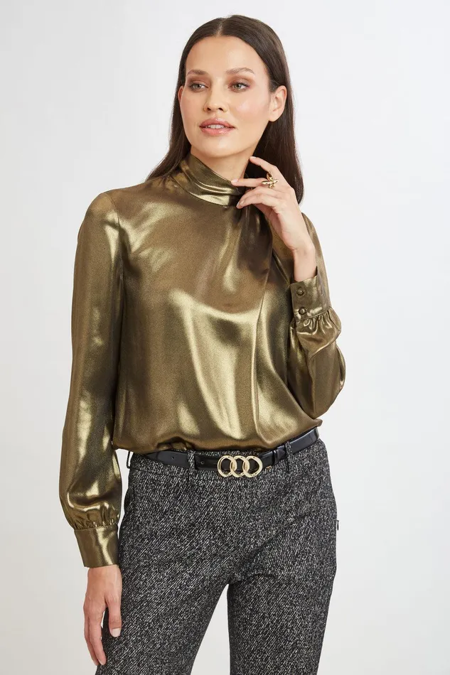Elie Tahari Metallic Draped Neck Shirt Antique Gold Women Tops