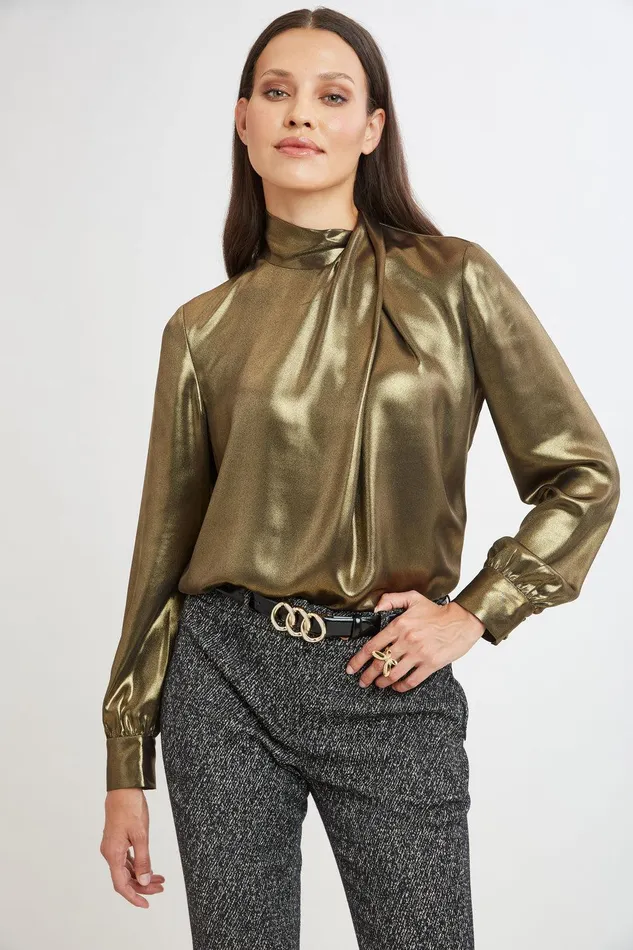 Elie Tahari Metallic Draped Neck Shirt Antique Gold Women Tops