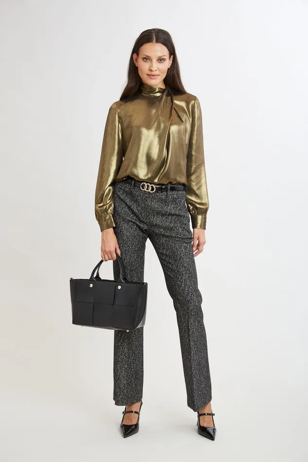 Elie Tahari Metallic Draped Neck Shirt Antique Gold Women Tops