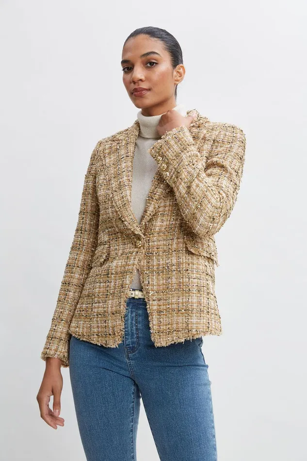 Elie Tahari Metallic Tweed Blazer Gold Multi Women Jackets and Blazers