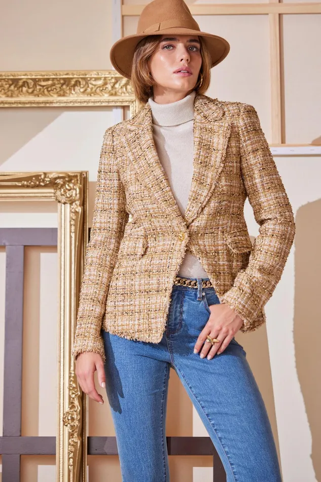 Elie Tahari Metallic Tweed Blazer Gold Multi Women Jackets and Blazers