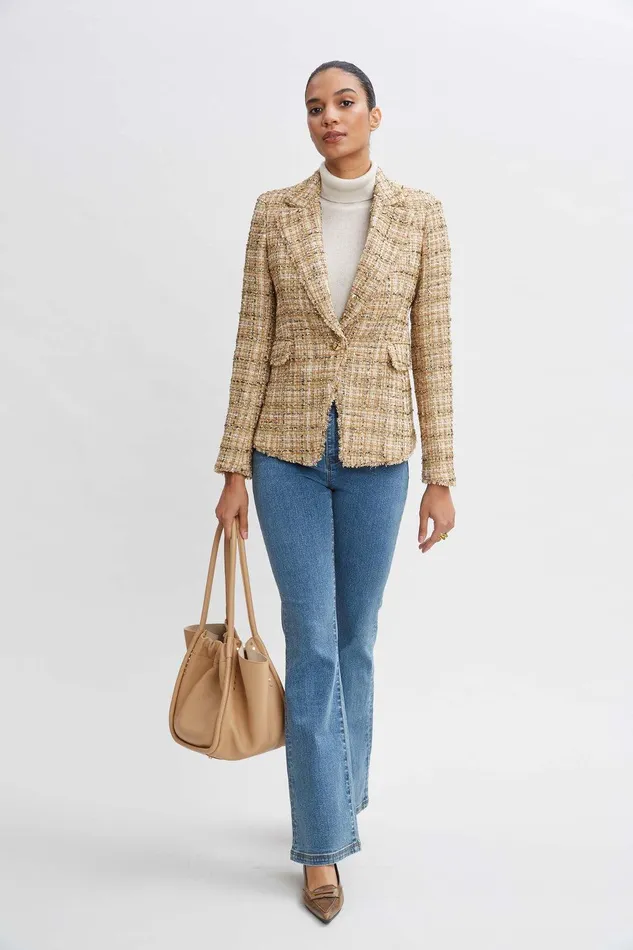 Elie Tahari Metallic Tweed Blazer Gold Multi Women Jackets and Blazers