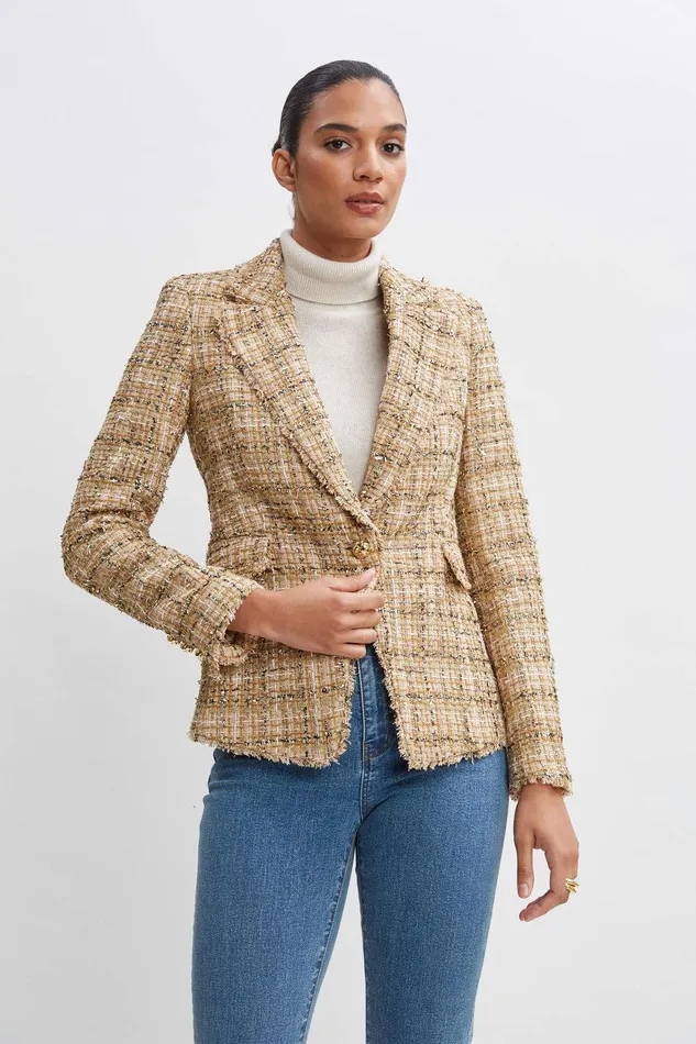 Elie Tahari Metallic Tweed Blazer Gold Multi Women Jackets and Blazers