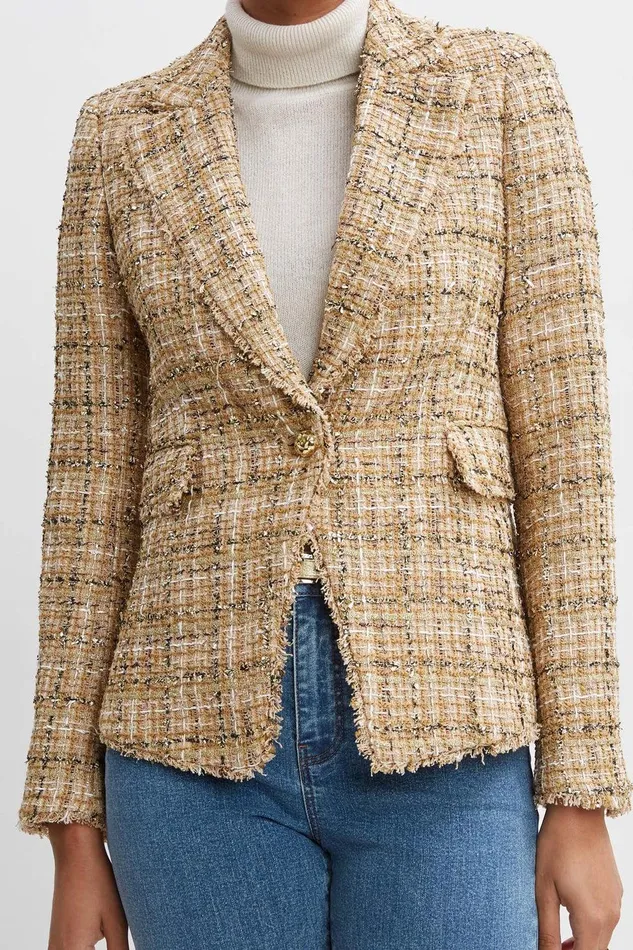 Elie Tahari Metallic Tweed Blazer Gold Multi Women Jackets and Blazers