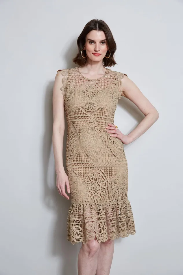 Elie Tahari Mosaic Lace Dress Sandcastle Women Dresses and Jumpsuits