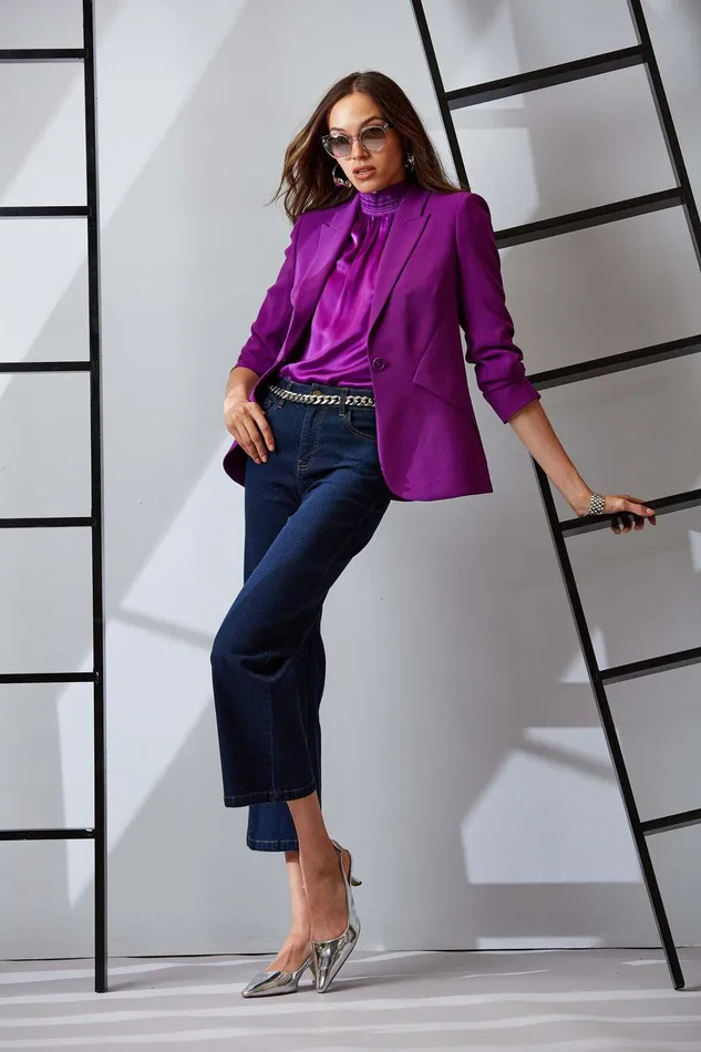 Elie Tahari Panel Single Button Blazer Berry Women Jackets and Blazers