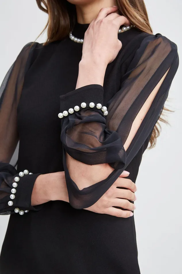 Elie Tahari Pearl Detail Crepe Dress Black Women Dresses and Jumpsuits