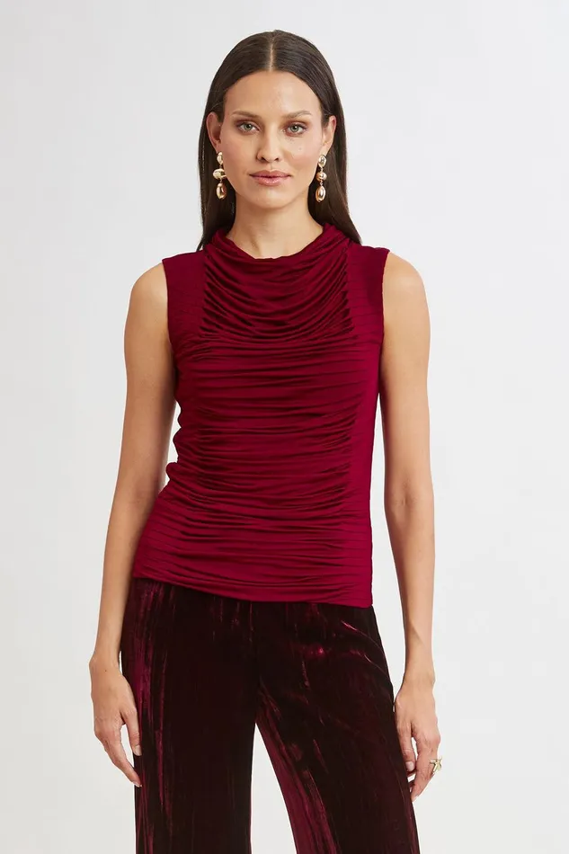 Elie Tahari Pleat Detail Matte Jersey Knit Sangria Women Tops