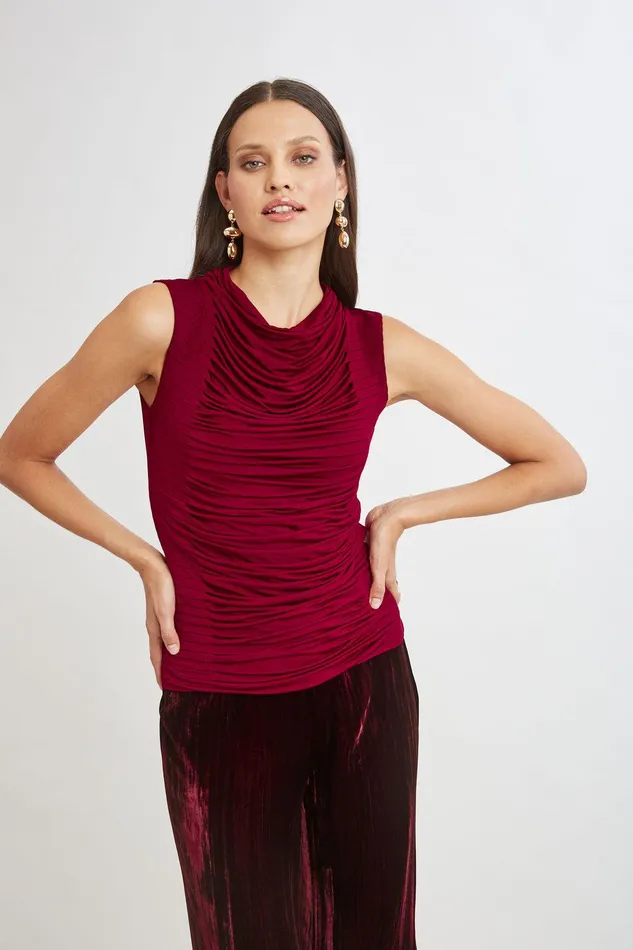 Elie Tahari Pleat Detail Matte Jersey Knit Sangria Women Tops