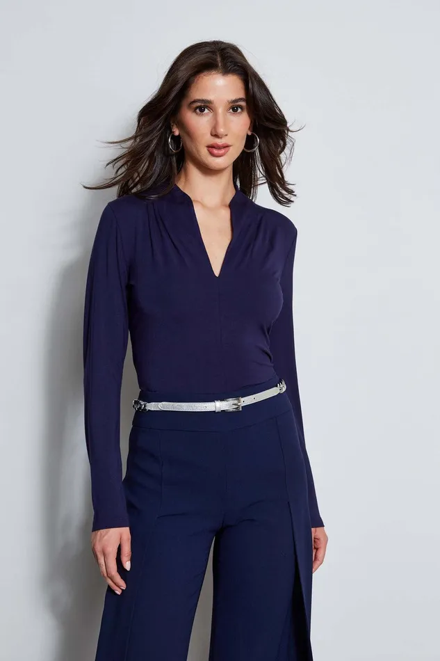 Elie Tahari Pleated Neck Knit Galaxy Navy Women Tops