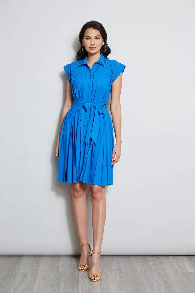 Elie Tahari Pleated Scallop Dress Blue Ivy Women Dresses and Jumpsuits