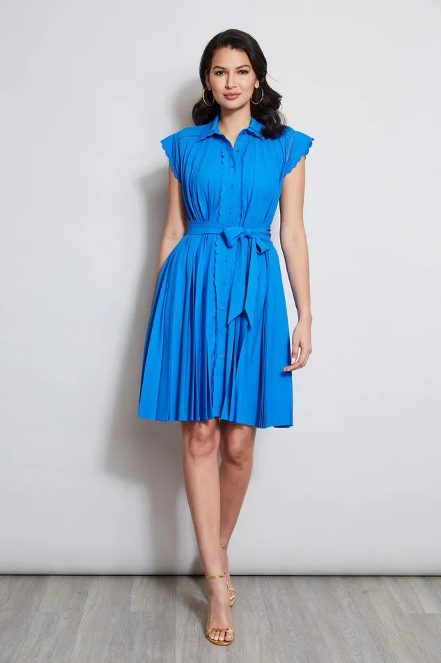 Elie Tahari Pleated Scallop Dress Blue Ivy Women Dresses and Jumpsuits