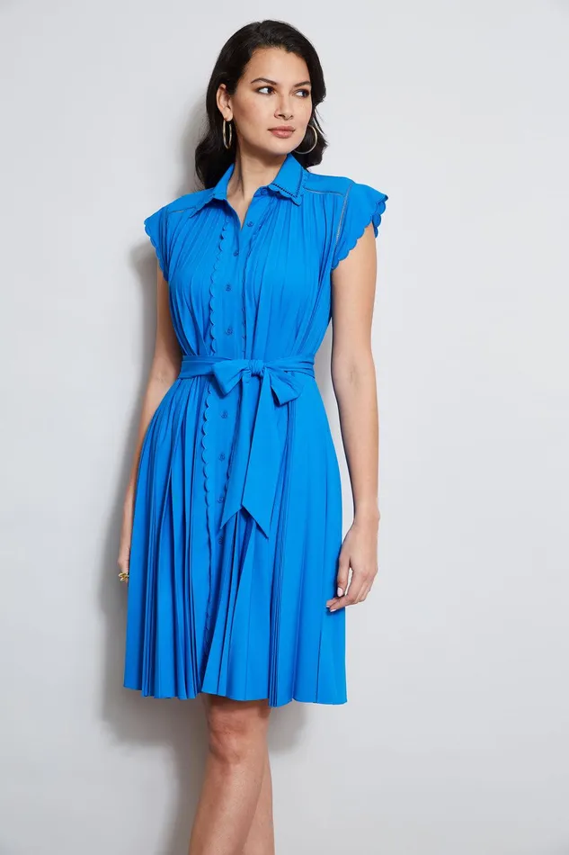 Elie Tahari Pleated Scallop Dress Blue Ivy Women Dresses and Jumpsuits