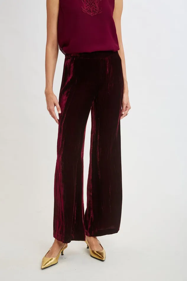 Elie Tahari Plisse Velvet Fluid Pant Burgundy Women Bottoms