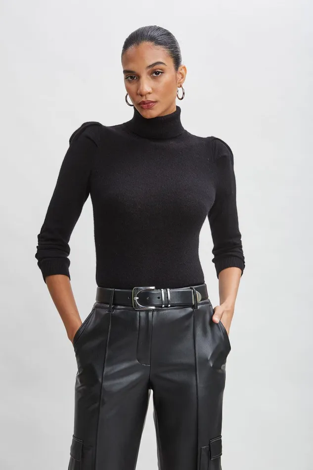 Elie Tahari Ruched Sleeve Cashmere Wool Sweater Black Women Suiting