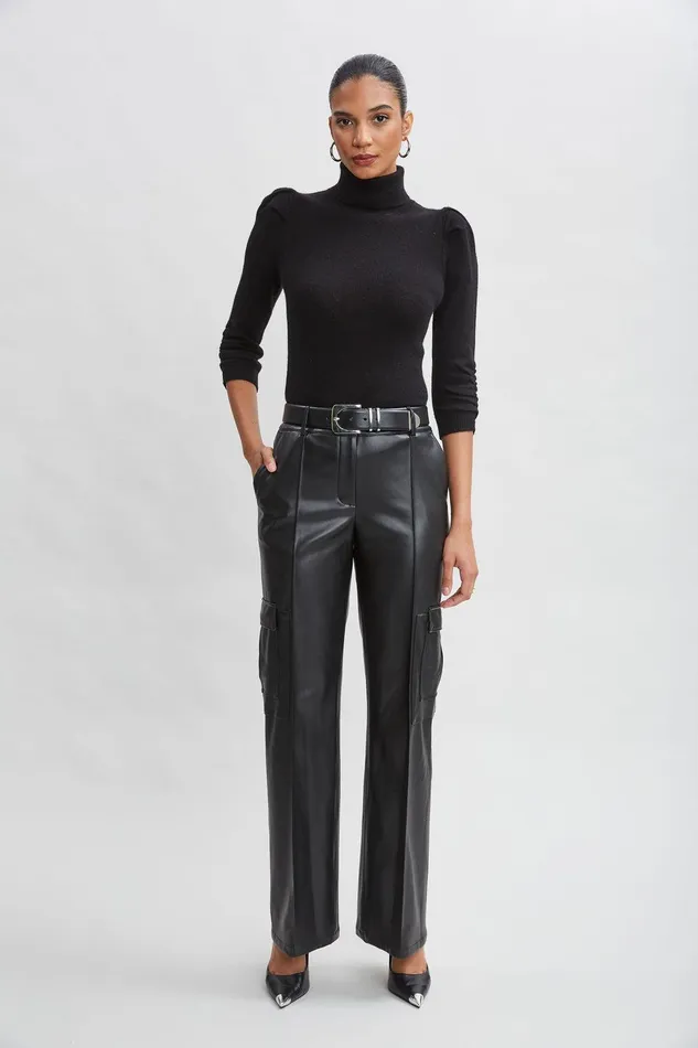 Elie Tahari Ruched Sleeve Cashmere Wool Sweater Black Women Suiting