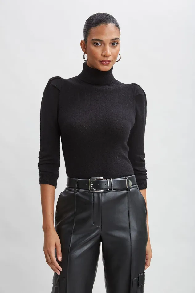 Elie Tahari Ruched Sleeve Cashmere Wool Sweater Black Women Suiting