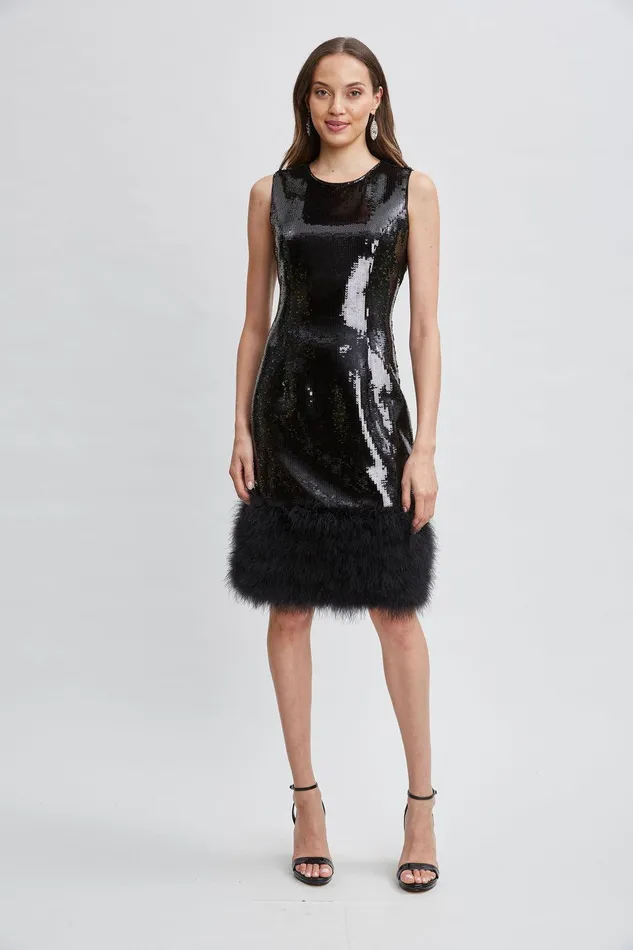 Elie Tahari Sequin Feather Hem Dress Noir Sequin Women Dresses and Jumpsuits