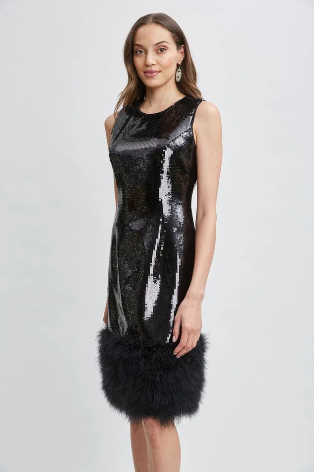 Elie Tahari Sequin Feather Hem Dress Noir Sequin Women Dresses and Jumpsuits