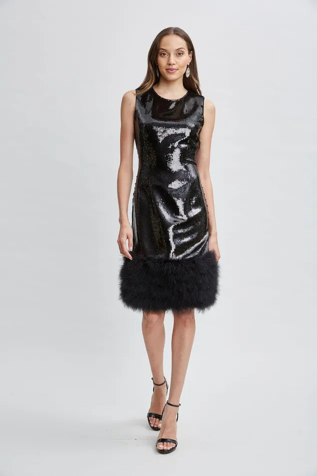 Elie Tahari Sequin Feather Hem Dress Noir Sequin Women Dresses and Jumpsuits