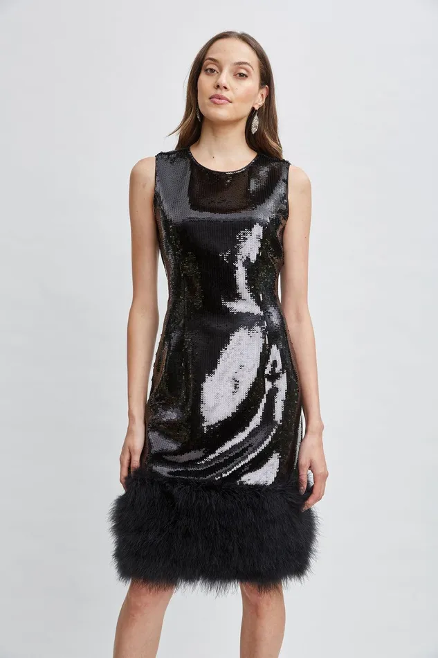 Elie Tahari Sequin Feather Hem Dress Noir Sequin Women Dresses and Jumpsuits