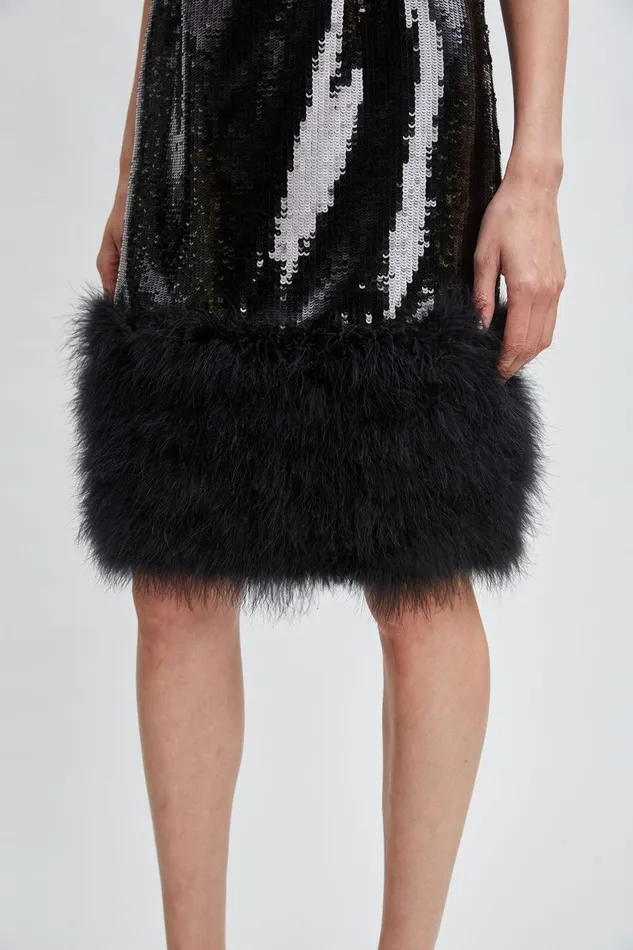 Elie Tahari Sequin Feather Hem Dress Noir Sequin Women Dresses and Jumpsuits