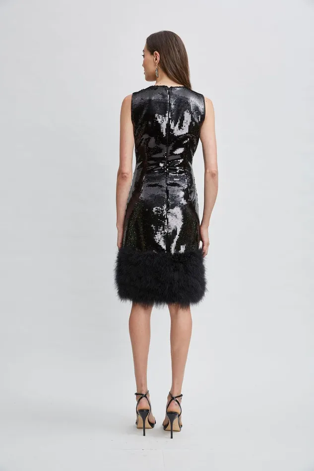 Elie Tahari Sequin Feather Hem Dress Noir Sequin Women Dresses and Jumpsuits