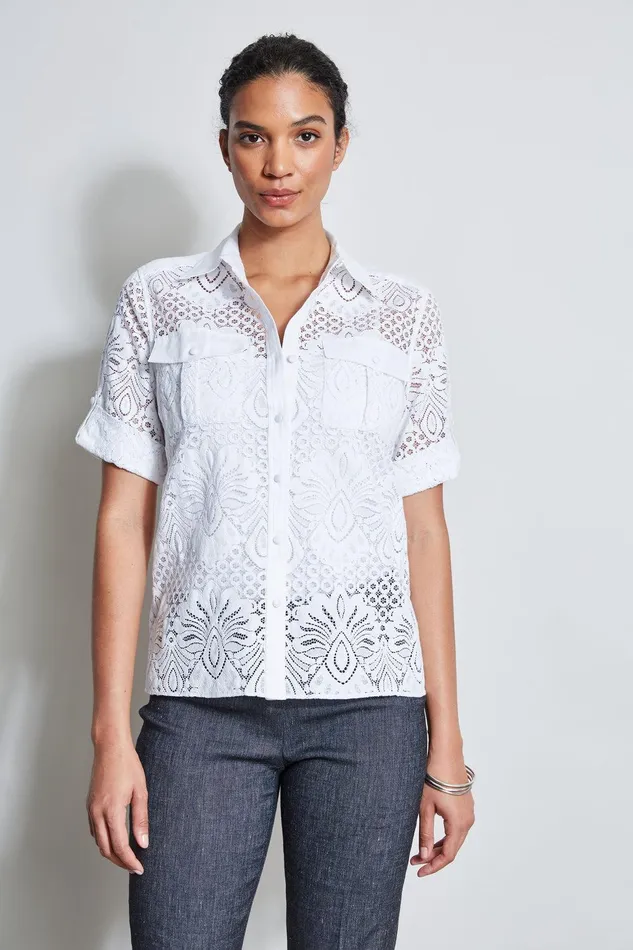 Elie Tahari Short Sleeve Lace Utility Shirt White Women Tops