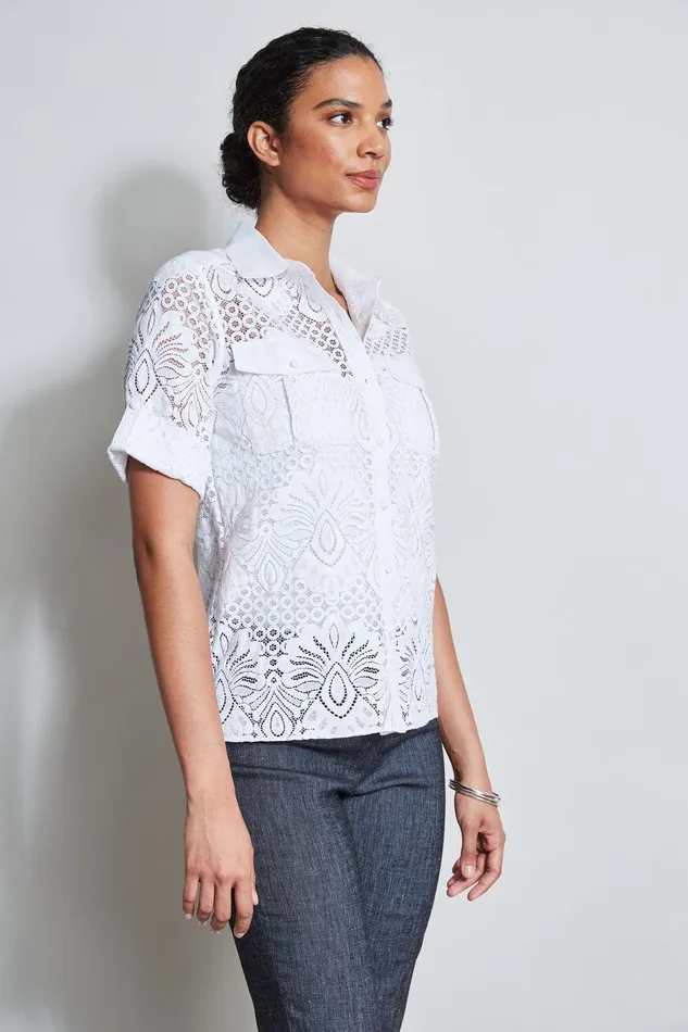 Elie Tahari Short Sleeve Lace Utility Shirt White Women Tops