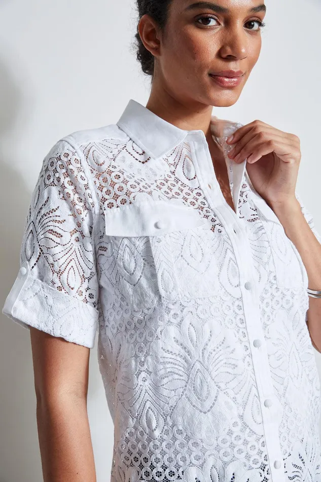 Elie Tahari Short Sleeve Lace Utility Shirt White Women Tops