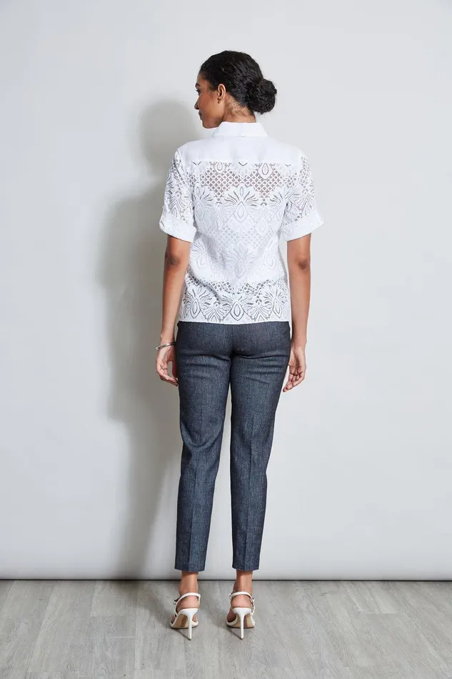 Elie Tahari Short Sleeve Lace Utility Shirt White Women Tops