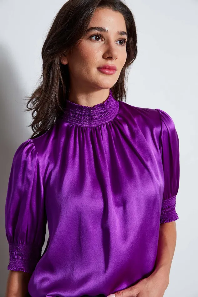 Elie Tahari Short Sleeve Silk Satin Smocked Shirt Berry Women Tops