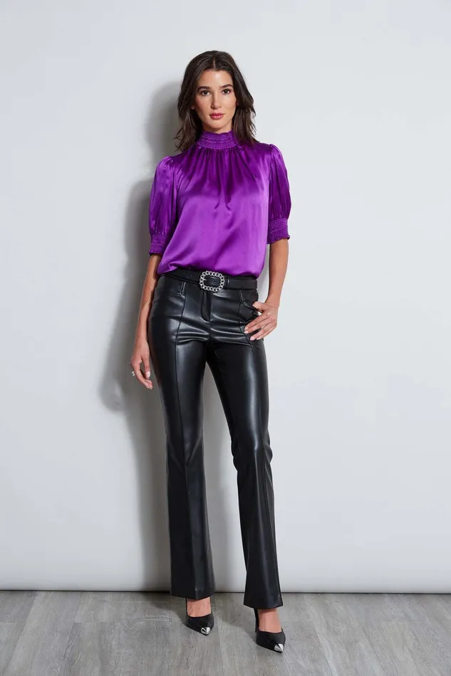 Elie Tahari Short Sleeve Silk Satin Smocked Shirt Berry Women Tops