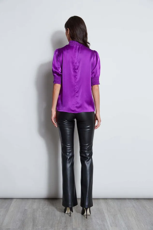 Elie Tahari Short Sleeve Silk Satin Smocked Shirt Berry Women Tops