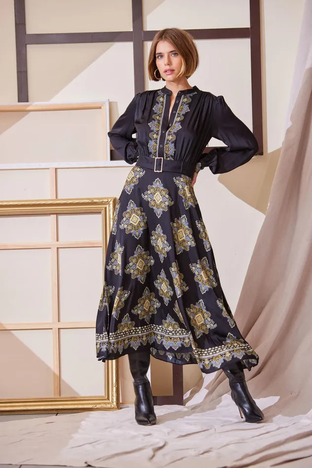 Elie Tahari Silk Geometric Midi Dress Marseille Print Women Dresses and Jumpsuits