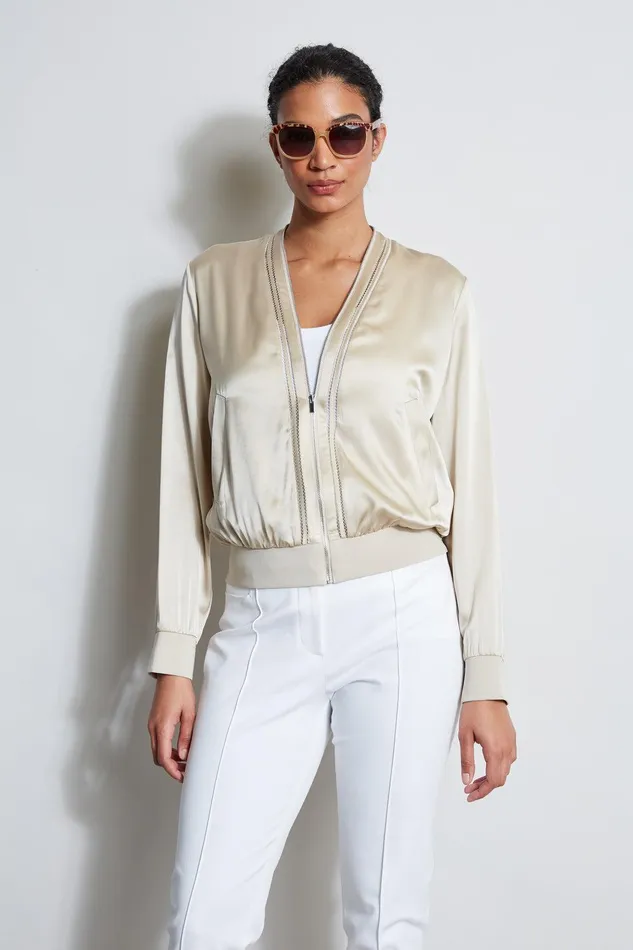 Elie Tahari Silk Satin Bomber Jacket Driftwood Women Jackets and Blazers