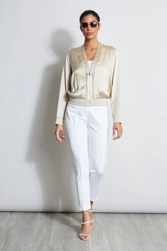 Elie Tahari Silk Satin Bomber Jacket Driftwood Women Jackets and Blazers